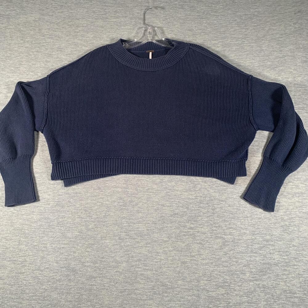 Free People Sweater Womens XS Blue Ribbed Knit Cropped Dolman Crewneck Pullover